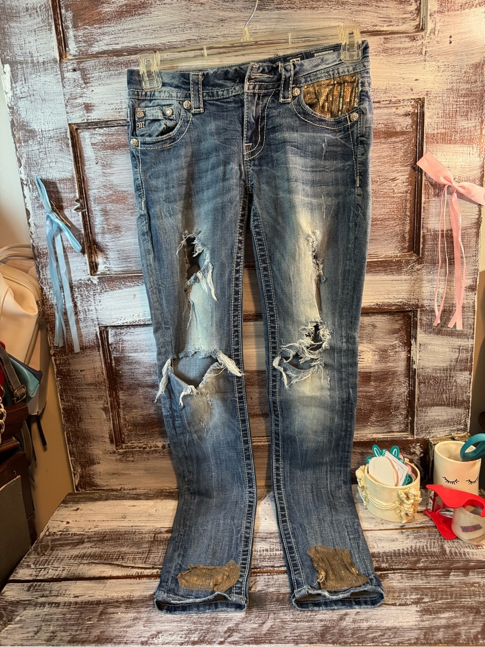 Miss Me Distressed Blue Skinny Jeans with Gold Accent
